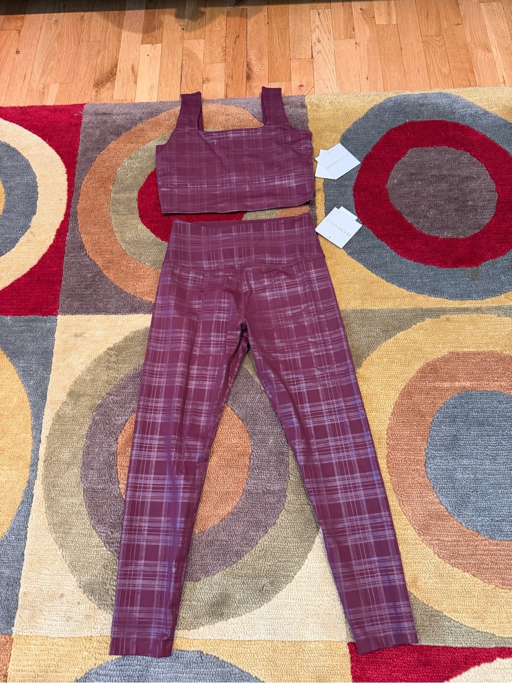 NWT Beyond Yoga Matching Set Maroon Plaid Metallic Leggings Sports Bra S / M